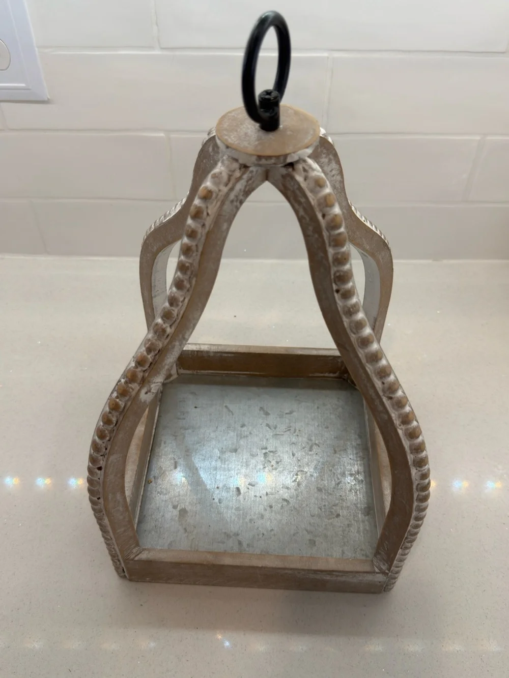 Kirkland Signature Whitewashed Wood and Metal Decorative Lantern with Black Ring